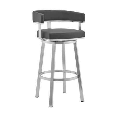 ARMEN LIVING 30 in. Lorin Gray Faux Leather & Brushed Stainless Steel Swivel Bar Stool LCLRBABSGR30